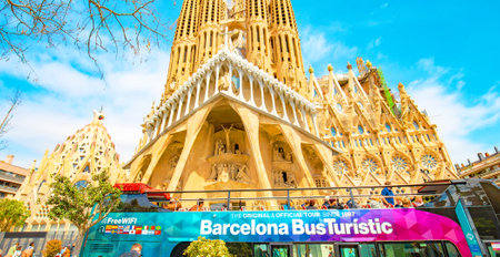 Barcelona, Spain - 20 April, 2022: Scenic view of Basilica Sagrada Familia - most popular attraction in Barcelona cityのeditorial素材