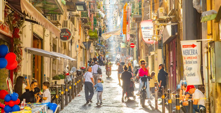 Naples, Italy - 10 June, 2022: Sunny narrow street in Napoli old town, colorful Spagnoli (Spanish) quarterのeditorial素材