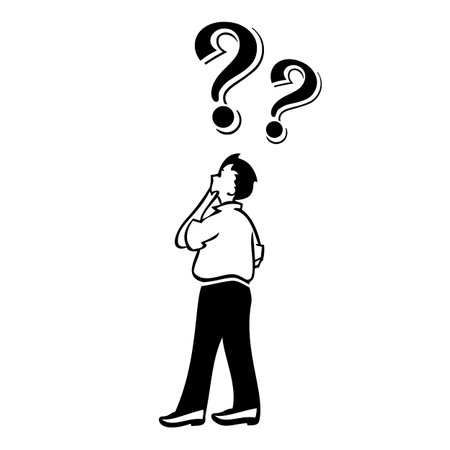 Confused thinking man in doubt, vector cartoon on white backgroundのイラスト素材