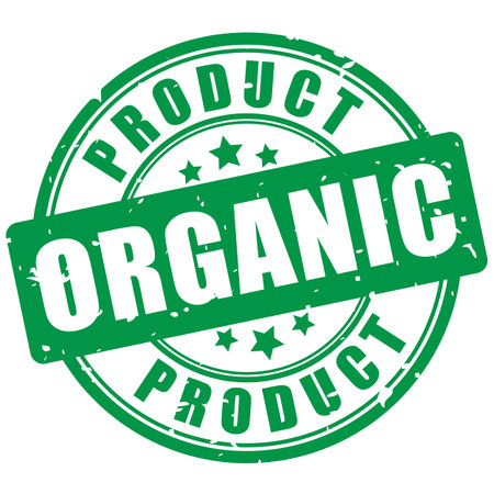 Organic product green rubber stamp isolated on white backgroundのイラスト素材