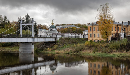 Russian provincial landscape, gloomy autumn evening in a small town Torzhok, Russia