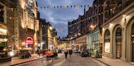 Edinburgh, Scotland - 7 May, 2023: Famous Victoria street at night in Edinburgh old townのeditorial素材