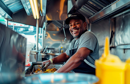 Feel the rhythm of flavors as a talented chef of color crafts delectable dishes inside a lively fast-food truckの素材