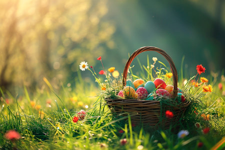A basket overflowing with colorful Easter eggs rests on the soft grass, creating a charming and festive scene on a sunny spring day. The vibrant hues and artistic arrangement of the eggs capture the joyful essence of the Easter celebrationの素材