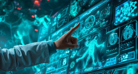 A captivating tableau unfolds as a person points to a computer screen adorned with dreamlike medical symbols. This installation masterfully blends scientific accuracy, mural aesthetics, and lifelike precision, creating an immersible world of detailed medical environmentsの素材