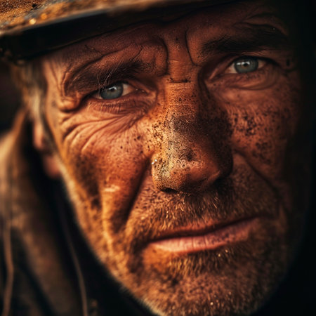An intense closeup captures the unwavering spirit of a middle-aged coal miner, with unfocused eyes, bathed in the radiant glow of the golden hour.の素材
