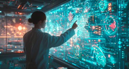 A captivating scene unfolds as a person points to a computer screen adorned with dreamlike medical symbols. This installation blends scientific accuracy with mural-like precision, creating a vivid and detailed environmentの素材