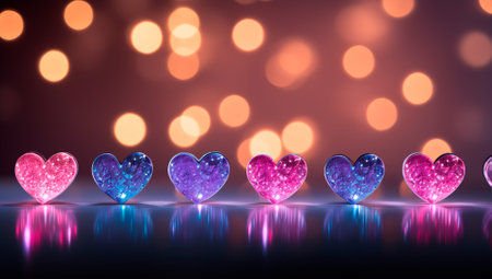 A luminous display of colorful hearts arranged on a tabletop, featuring a delightful composition with a light-filled background in the soft hues of light magenta and deep blue. Sparkle core enchantmentの素材