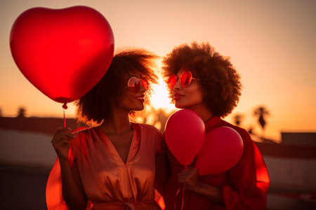 "A stunning moment captured as two women of color stand together, dressed in vibrant red, holding a red Valentine's heart balloon against a mesmerizing sunset backdropの素材