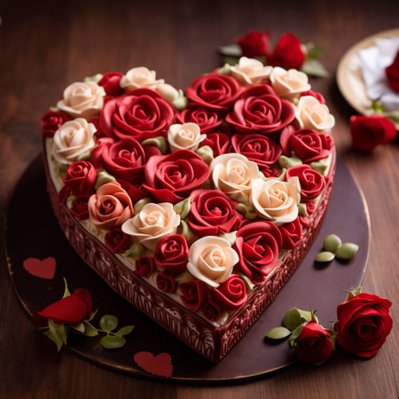An exquisite Valentine's Day treat, featuring a heart-shaped cake decorated with delicate meringue roses on the surface and accompanied by vibrant red roses on the sideの素材