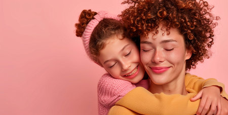 Joyful mother and daughter sharing a loving embrace, with closed eyes and peaceful expressions.の素材