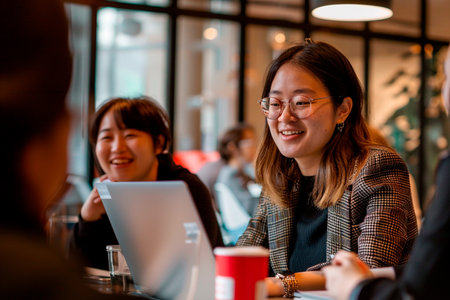 Two young professionals are engaged in a casual business meeting in a contemporary cafe, discussing over laptopsの素材