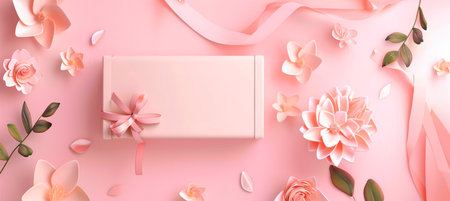 Minimalist presentation of a pink gift box with delicate paper flowers and leaves on a pastel pink backdropの素材