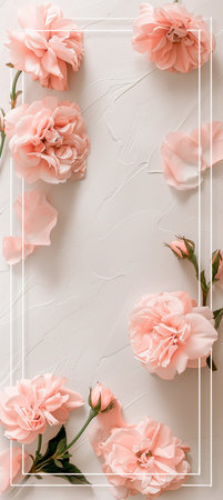 Delicate pink paper flowers placed along a vertical white textured background, suitable for elegant greeting cards or wedding invitationsの素材