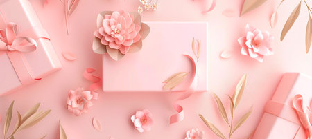 op view of stylish pink gift boxes decorated with delicate paper flowers and ribbons on a soft pink backgroundの素材