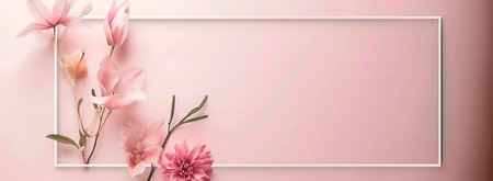 A horizontal pink pastel background decorated with a white frame and a beautiful arrangement of pink flowers and petals, perfect for invitations or greeting cardsの素材