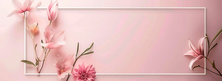Soft Pink Floral Arrangement with White F Elegant pink flowers and petals artfully arranged around a white rectangular frame on a pastel background, perfect for springtime greetingsの素材