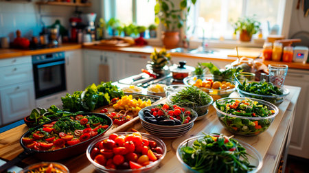 A home kitchen full of bowls with fresh salads, greens, and a variety of vegetablesの素材