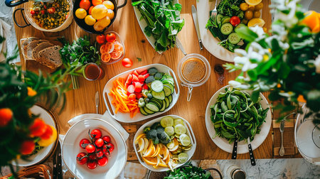 A lively selection of vegetables and salads ready for a healthy meal, displayed on a wooden table.の素材