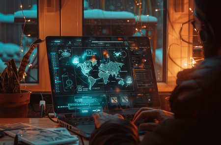 person using a laptop with futuristic global network analysis on the screenの素材
