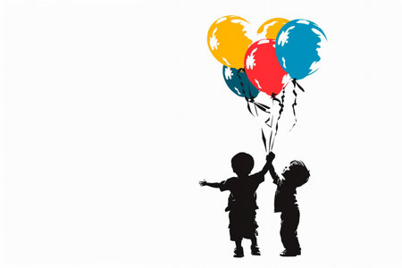 Two children silhouettes, one pointing, holding balloons against a clear backgroundの素材