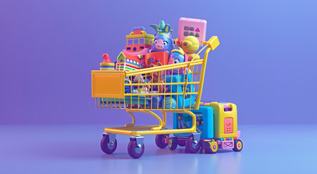 A rendering of a bright shopping cart overloaded with a variety of colorful objects on a purple backgroundの素材