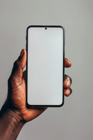 A person's hand presenting a smart phone with a white blank screen, neutral backgroundの素材