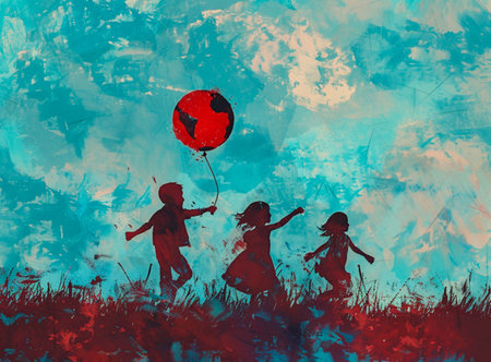 Silhouettes of children playing joyfully with a red balloon on an abstract blue background.の素材