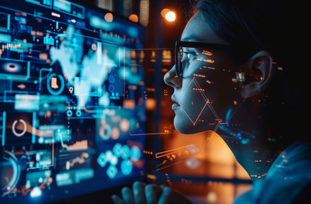 Close-up of a woman interacting with a high-tech digital interface with graphics and data visualizationの素材