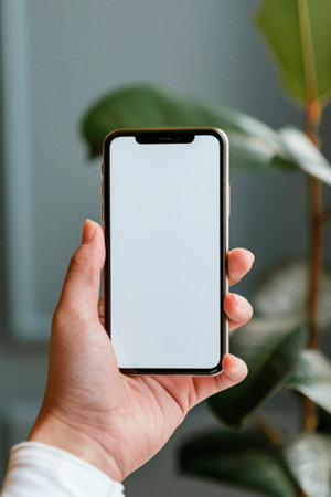 Close-up of a hand holding a modern smart phone with a blank screen in front of a plant.の素材