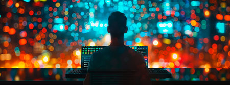 Back view of a man facing a bright screen with colorful back lights in the background.の素材