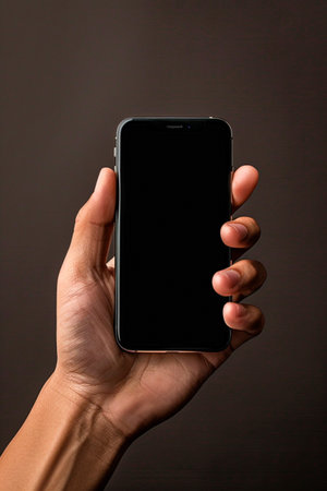 A hand holding a smart phone with a black screen, isolated on a dark backgroundの素材