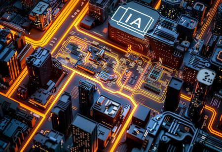 Intricate circuitry with glowing paths symbolizing AI intelligence on a chipboard.の素材