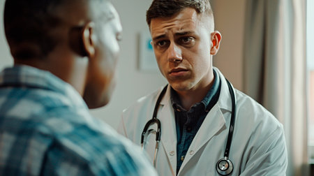 A serious doctor in conversation with a patient, discussing medical findings and possible treatmentsの素材