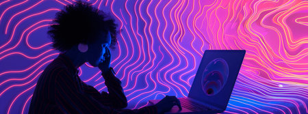 A thoughtful woman working on a laptop against a backdrop of neon light patterns and digital wavesの素材