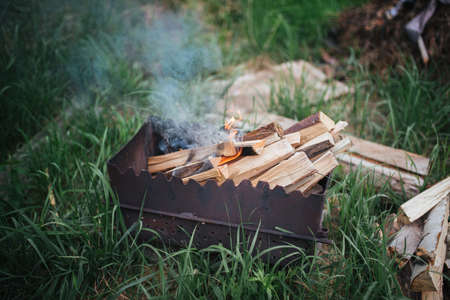 Burning wood in a brazier on the background of grass for any purpose