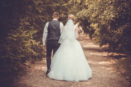 The bride and groom walk down the alley for any purposeの写真素材