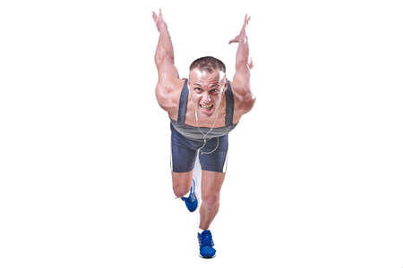 Handsome man at the start in sportswear isolated on white background for any purpose