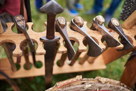 Medieval iron axes, with wooden handles for any purposeの写真素材