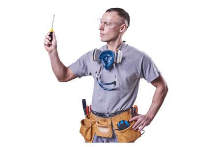Man, Builder, glasses, screwdriver in hand isolated on white background.For all purposes