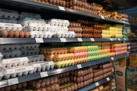 Minsk, Belarus - September 27, 2019 A counter with bars, chocolates, and chewing gum. For any purpose.のeditorial素材