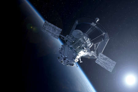 Space satellite with antenna dish. Elements of this image were furnished by NASA. For any purpose.