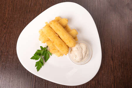 Cheese sticks breaded, with sauce and herbs, on a platter. For any purpose.の写真素材