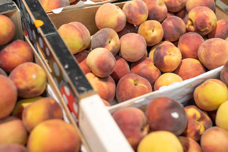 Peaches in drawers in a supermarket.For any purpose.の写真素材