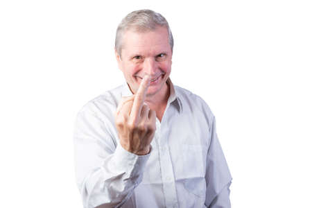 An elderly man shows an indecent gesture. Isolated on a white background. For any purpose.