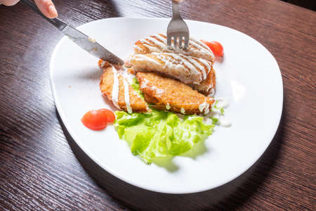 Potato pancakes with ham and herbs. For any purpose.の写真素材