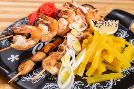 Assorted shrimp and shiitake mushrooms, mussels, and sweet potato. For any purpose.の写真素材