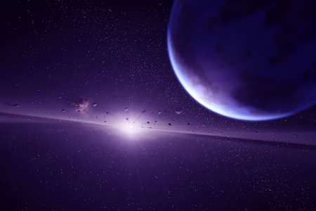 A stream of meteorites near an exoplanet in deep space.