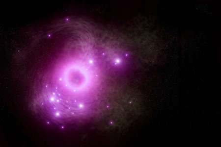 A cluster of stars in pink light.