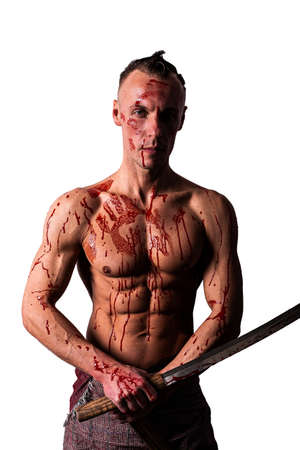 A man with a bare torso, in the blood of the enemy. With a sword in his hands. Isolated on a white...